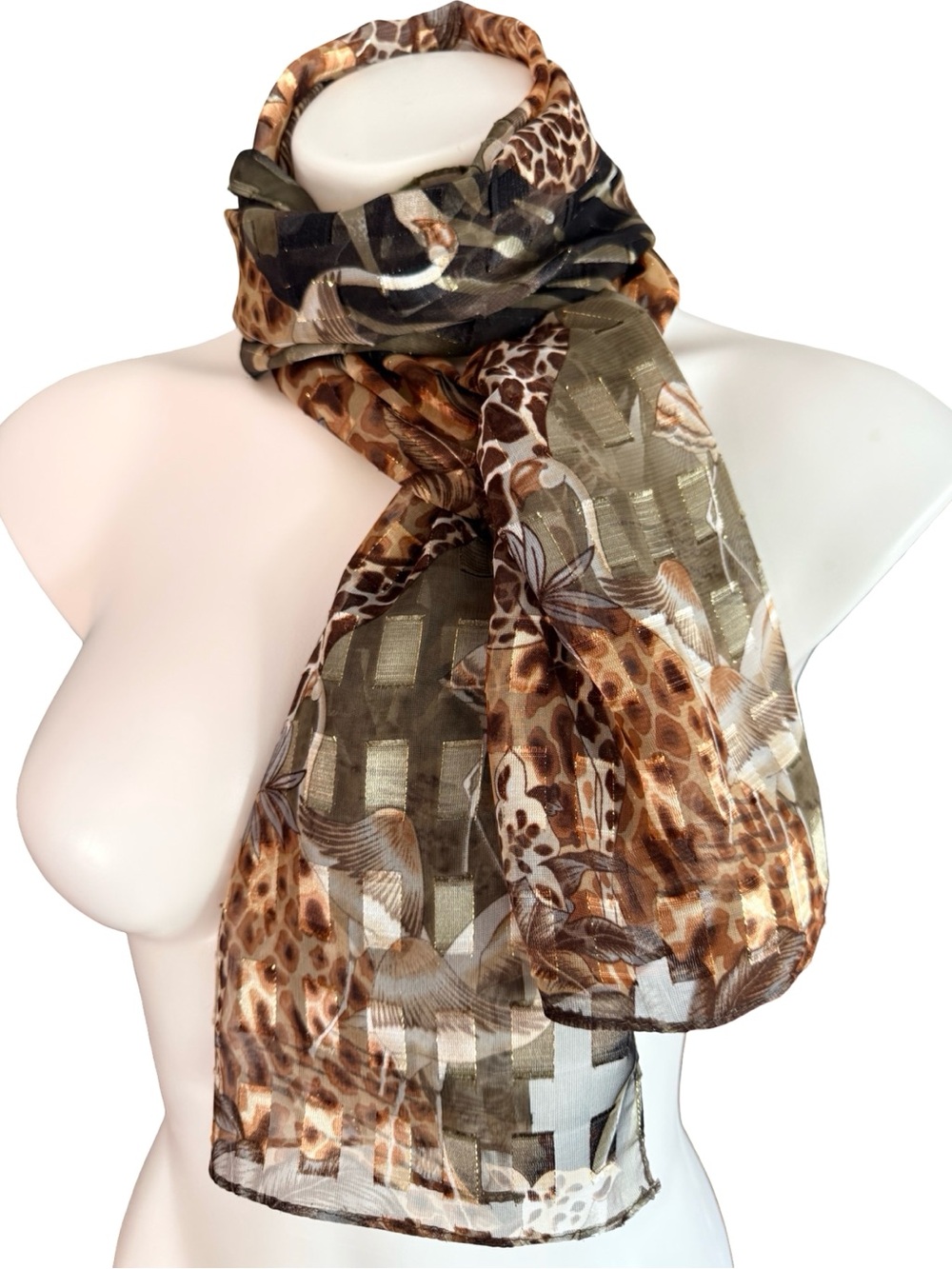 Vintage Safari  Print Scarf Giraffe Leopard Metallic Collection XILX Ltd 60x13